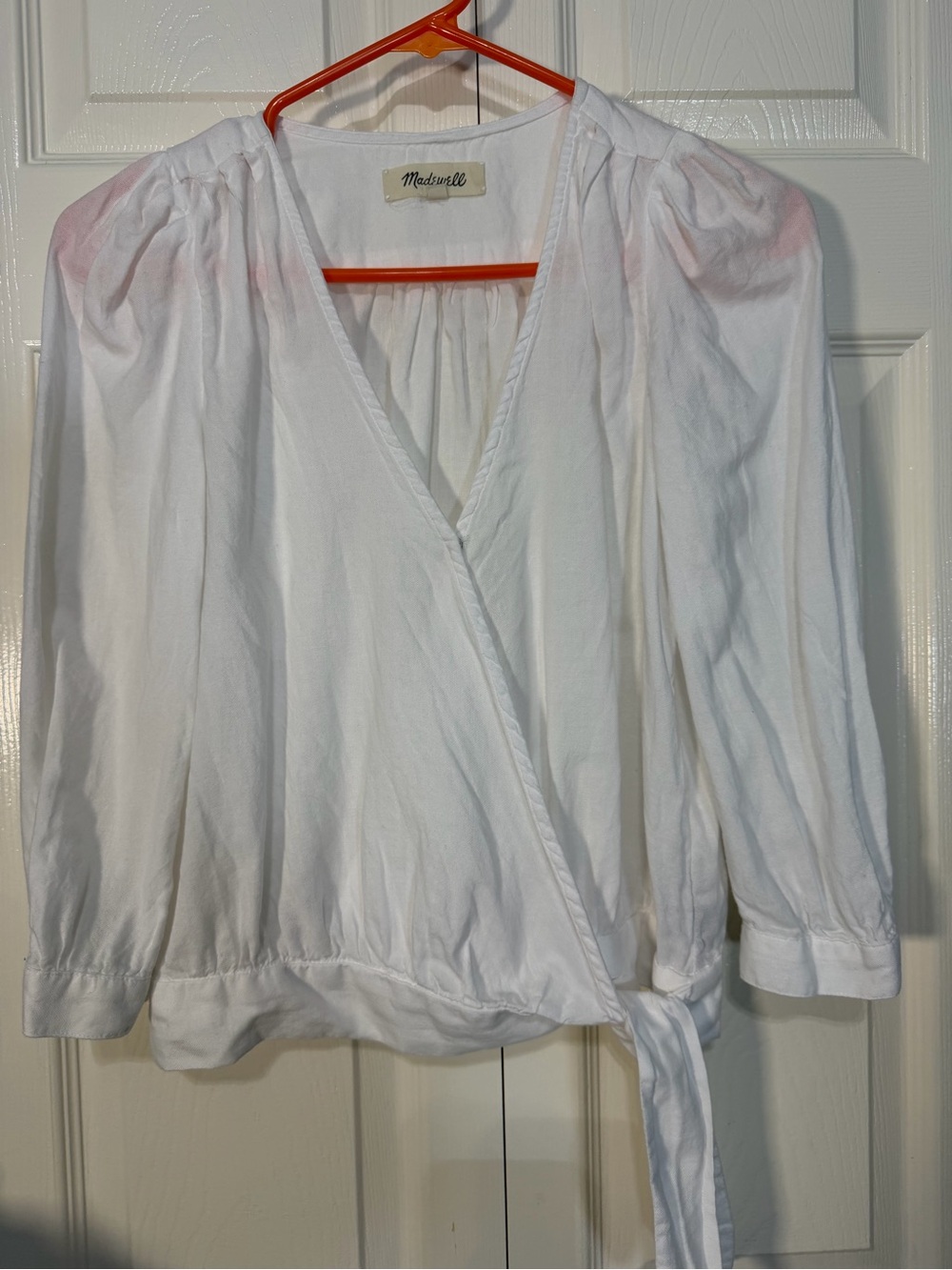 Madewell White Wrap Blouse with Puff Shoulders